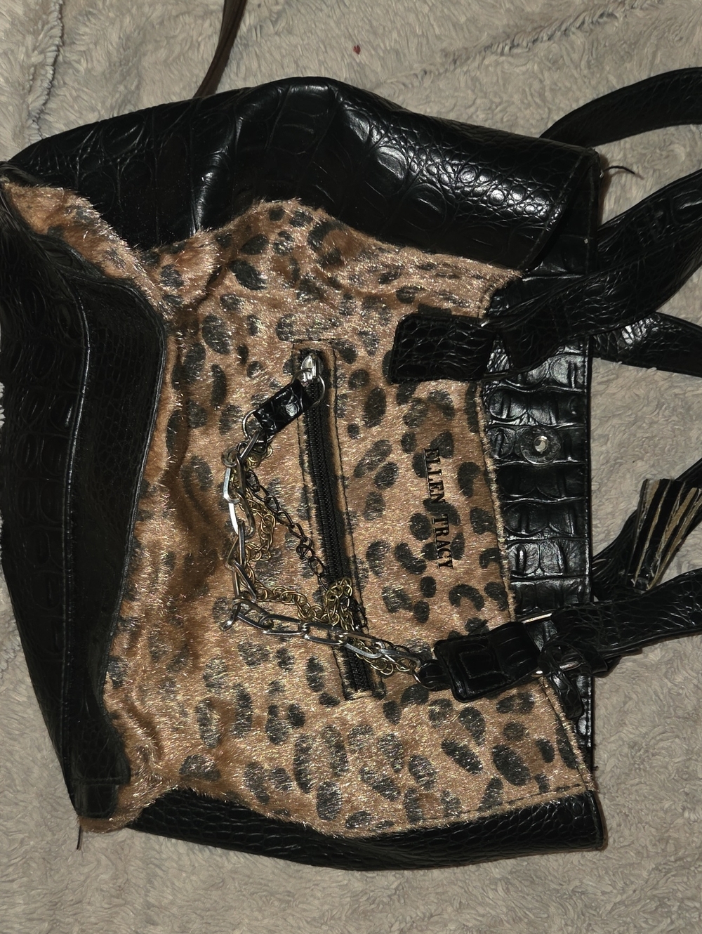 Ellen Tracy Black Croc-Trim Shoulder Bag with Leopard Print Panel